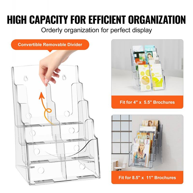 4-Tier Acrylic Flyer Holder 8.5x11, Wall Mount or Counter Stand - 9.25 x 7.87 x 13.39 in