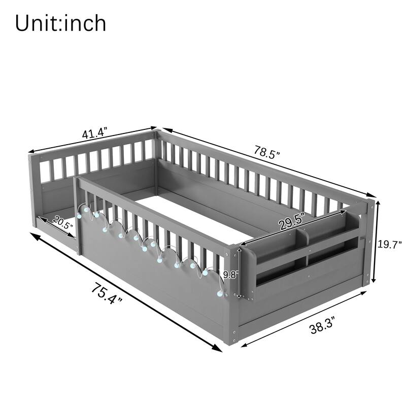 Montessori-Style Floor Bed with High Safety Rails‌ – Wooden Toddler Bed Featuring Built-In Storage Shelf and Soft Lighting