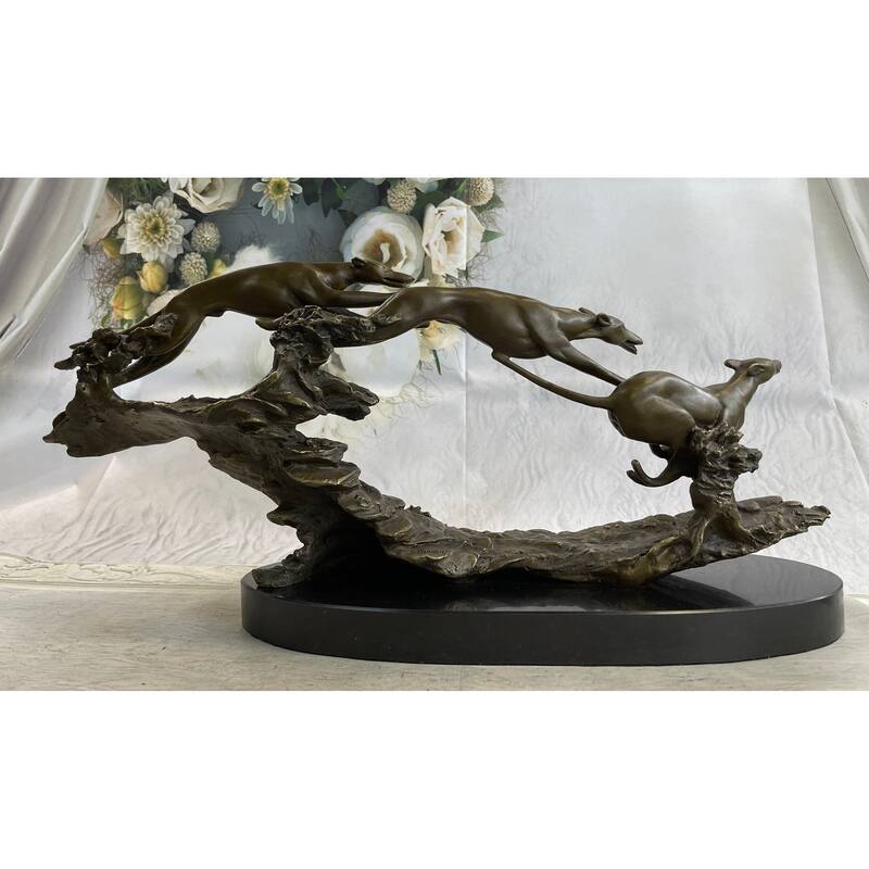 Bronze Sculpture 3 Wild Dogs Running Greyhound Dog Marble Base Figurine Signed Original 10 Inches X 20 Inches