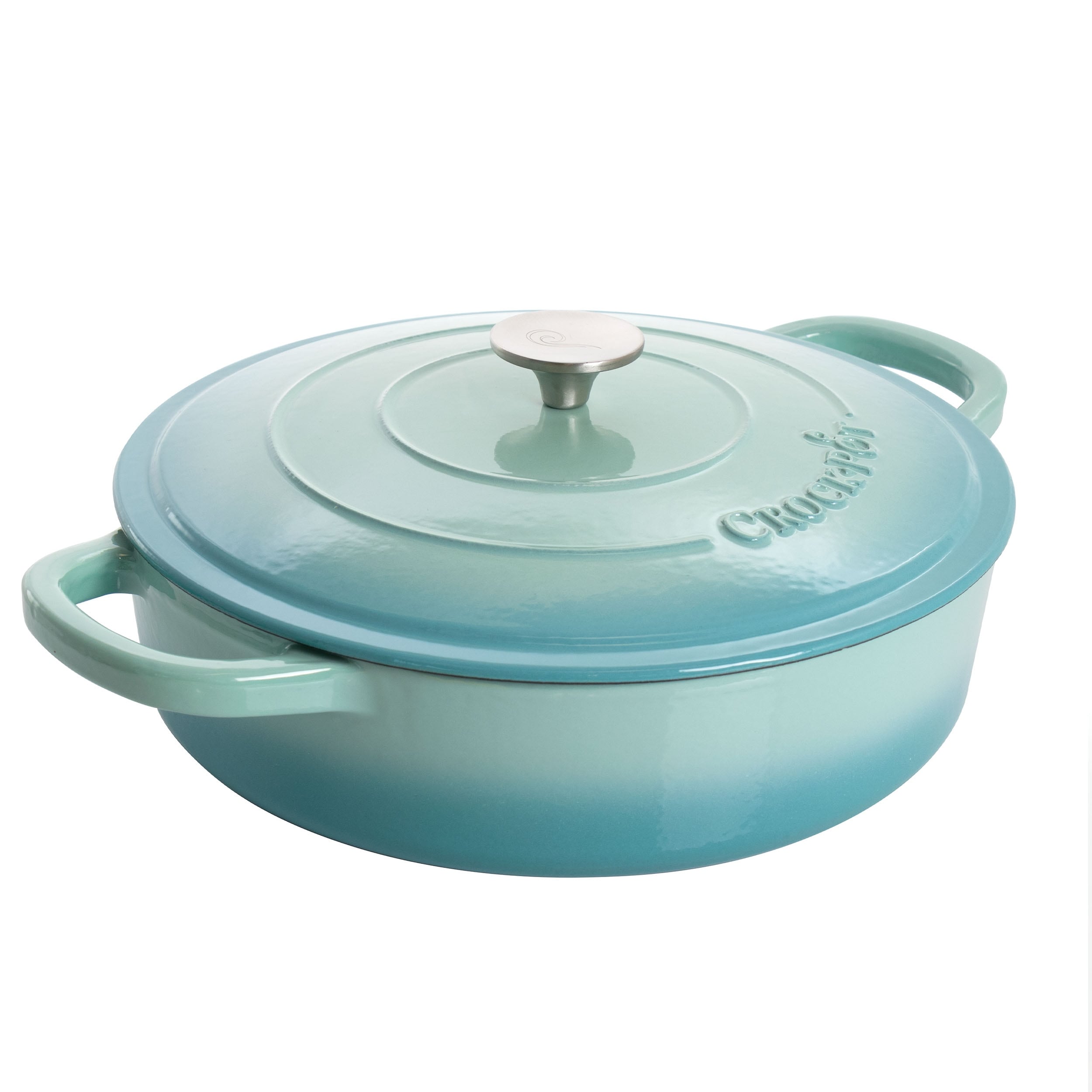5 Quart Round Enameled Cast Iron Braiser Pan with Lid in Arctic Teal - Blue