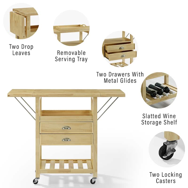 Kitchen Cart with Drop Leaves & Wine Storage - Mobile Serving Island, Natural Finish, 45" Wide