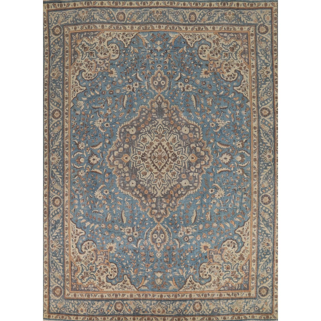 Floral Tabriz Persian Rug Handmade Blue Traditional Wool Carpet - 9'9"x 12'9"
