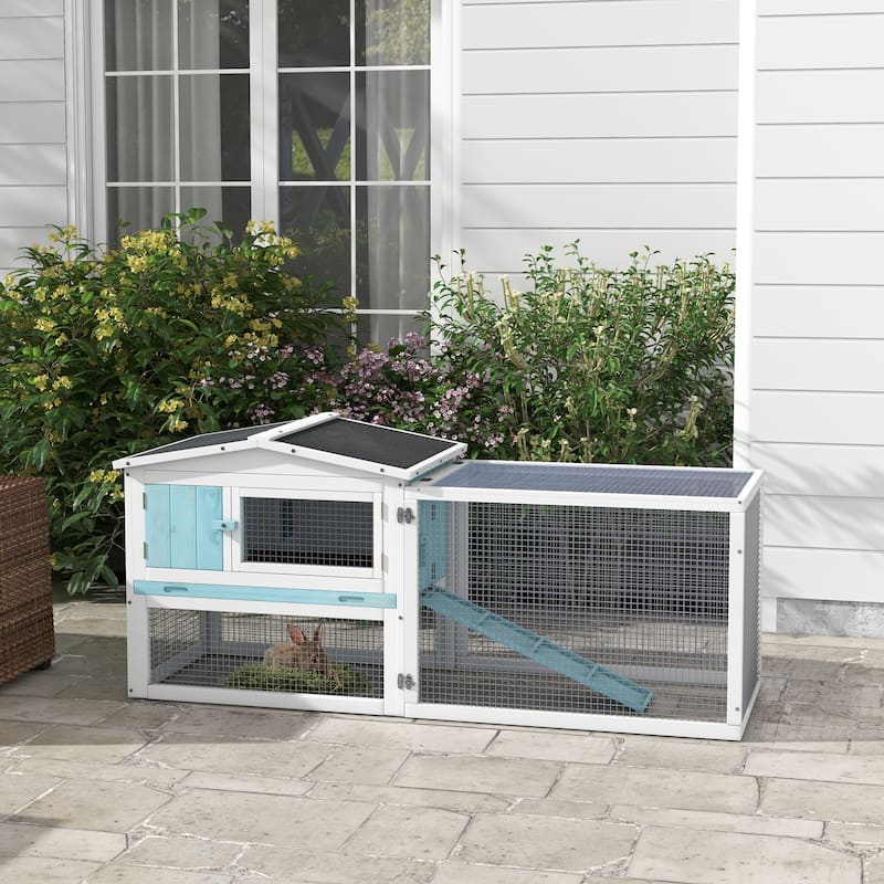 Outdoor Bunny Hutch with Waterproof Roof and Large Run Ramp Feeding Trough for 1-2 Small Animal - 61.5"L x 22.75"W x 26.75"H