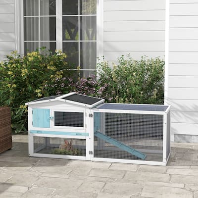 Outdoor Bunny Hutch with Waterproof Roof and Large Run Ramp Feeding Trough for 1-2 Small Animal - 61.5"L x 22.75"W x 26.75"H