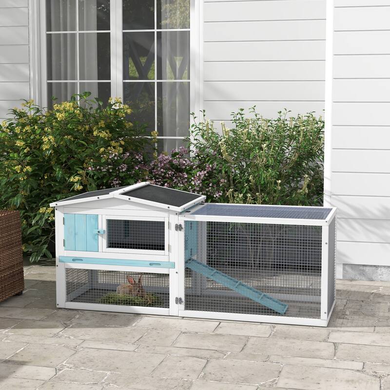 Outdoor Bunny Hutch with Waterproof Roof and Large Run Ramp Feeding Trough for 1-2 Small Animal - 61.5"L x 22.75"W x 26.75"H - Light Blue, White, Black