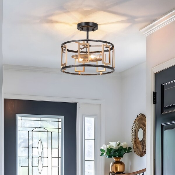Laluz Zeci Farmhouse Open Cage Semi Flush Mount Light Black Gold Geometric Drum Glass Ceiling Light Brushed Gold Painted Gold Painted Size D12 x