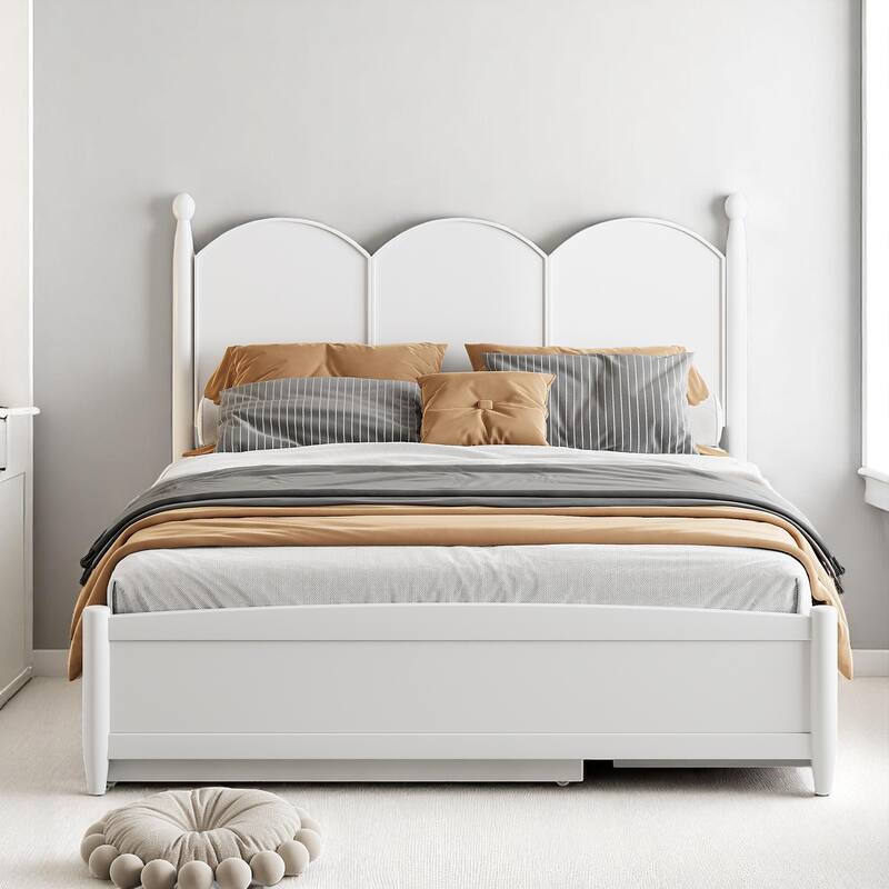 Rustic Queen Bed with Drawers and Pull-Out Twin XL Trundle, Solid Pine Platform Bed with Storage