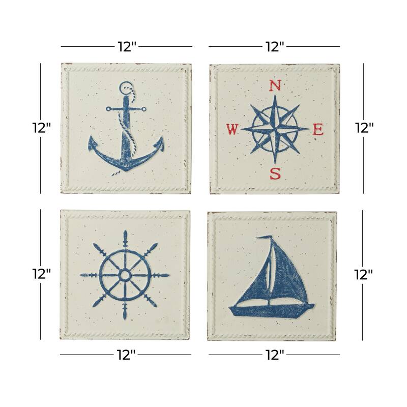 Cream Metal Speckled Sail Boat Home Wall Decor with Anchor, Compass, and Ship Wheel (Set of 4)