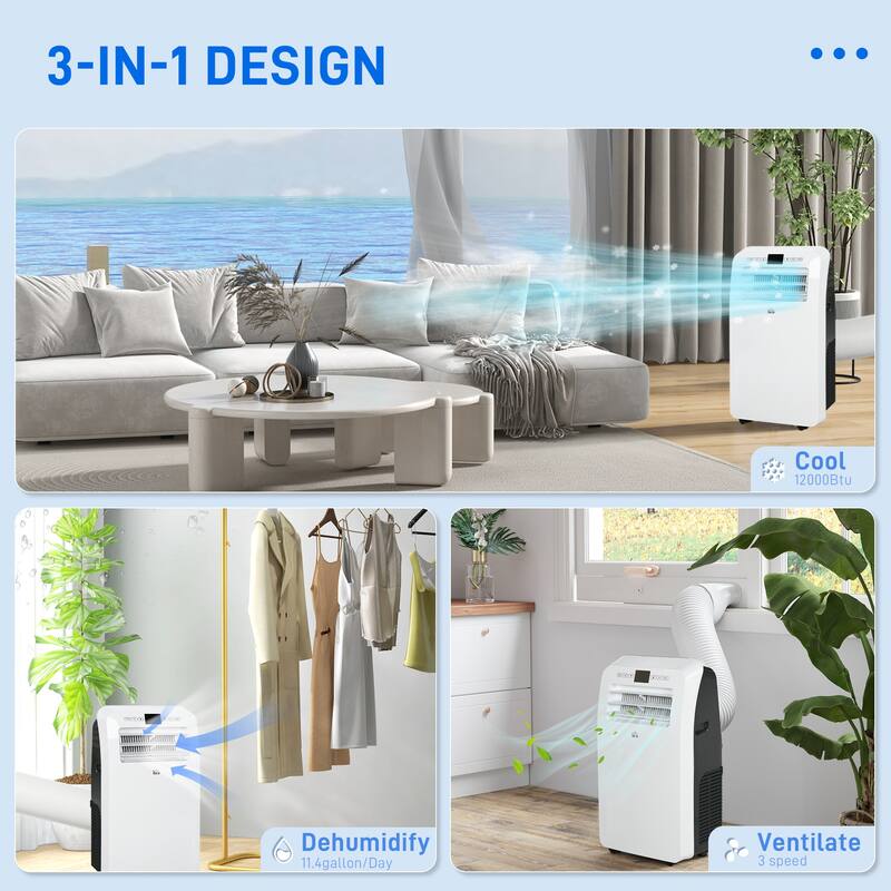 12000 BTU Portable Air Conditioner with Dehumidifier, 3-in-1 Room AC for Up to 550 Sq Ft, Remote, Timer