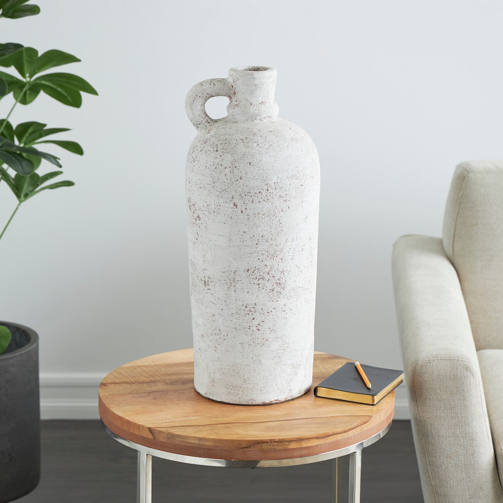 Cream Ceramic Antique Style Textured Decorative Vase with Curved Handle