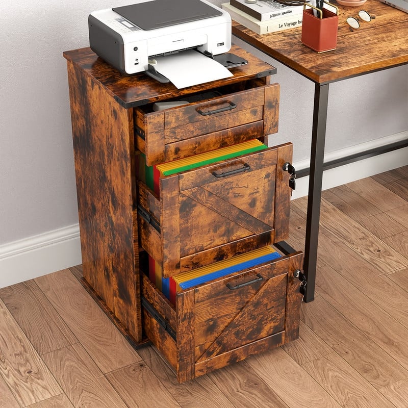 Barn Door Wooden 3 Drawers With Lock 30.71"H