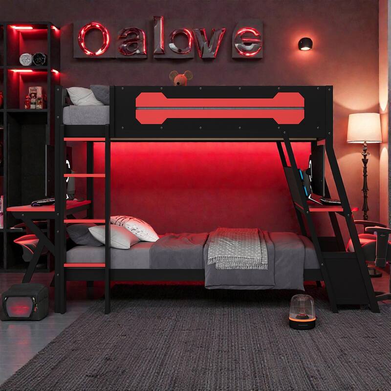 Twin/Full Gaming Bunk Bed with Dual Desks, USB Charging Ports and Pegboard Organizer, Gamer Bunk Frame