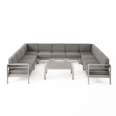 Cape Coral Outdoor 11 Seater Aluminum U-Shaped Sofa Sectional and Table Set by Christopher Knight Home