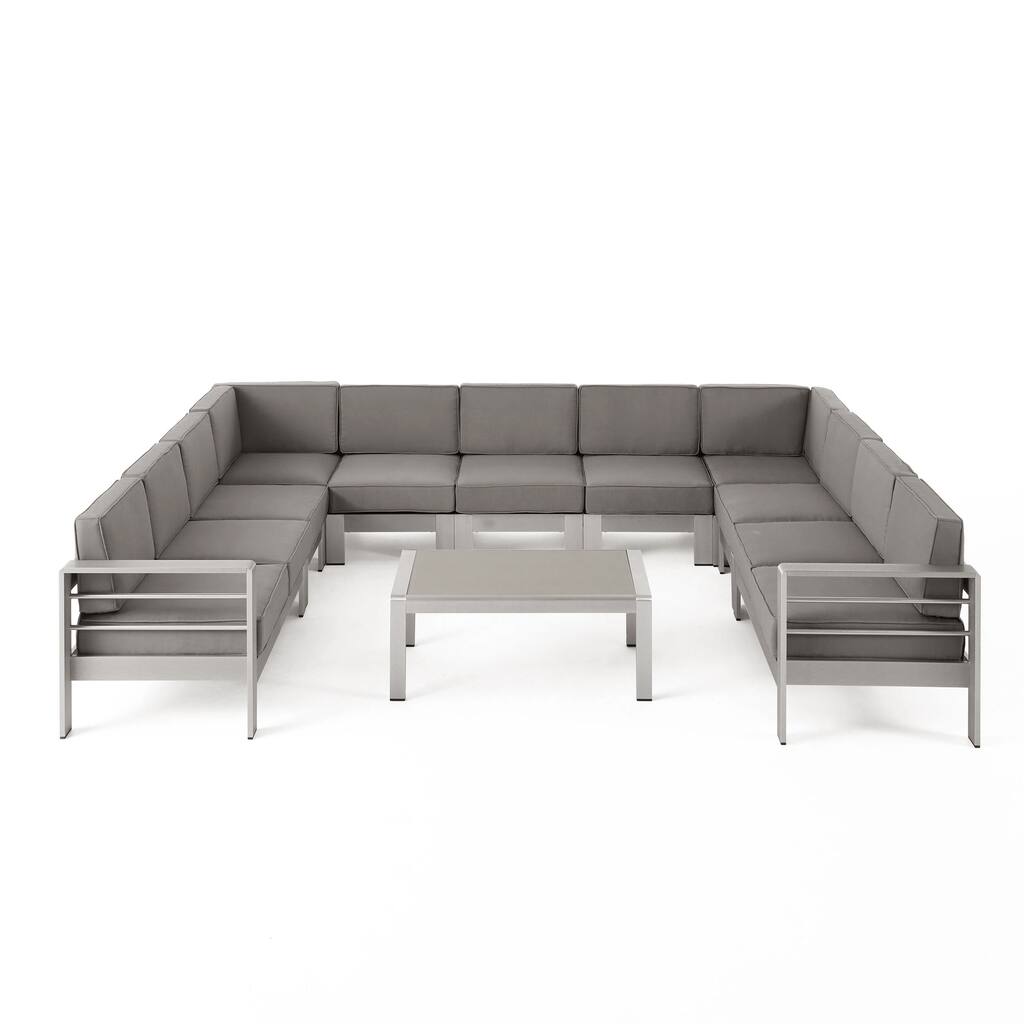 Cape Coral Outdoor 11 Seater Aluminum U-Shaped Sofa Sectional and Table Set by Christopher Knight Home