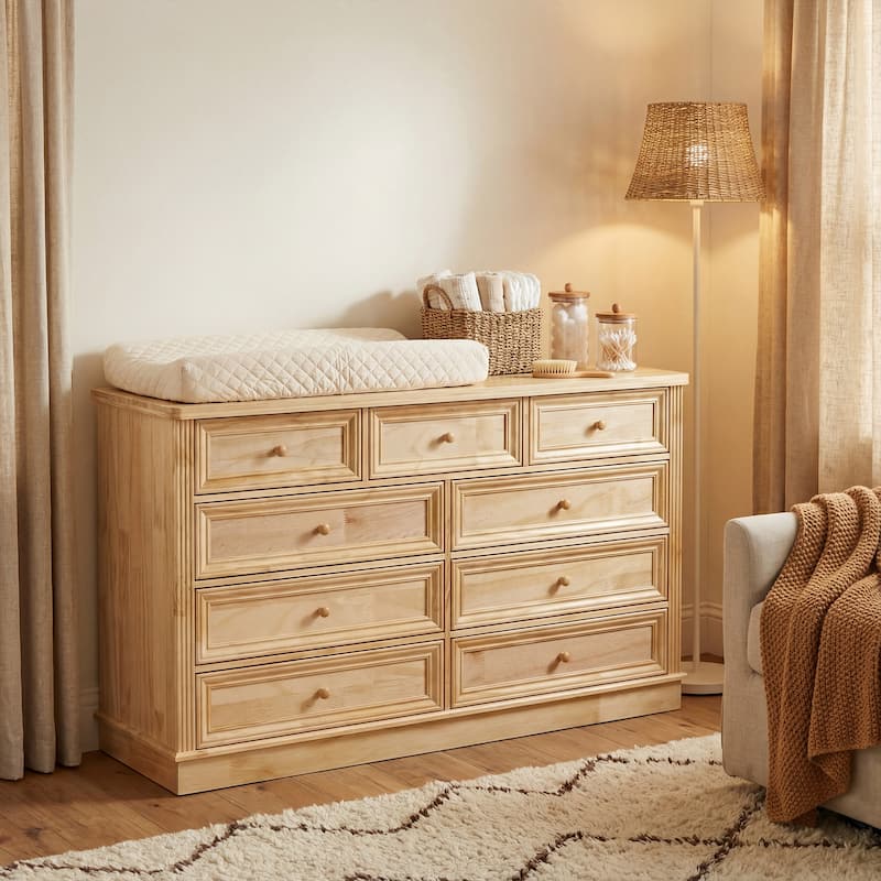 Solid Pine Wood Baby Changing Table Dresser with 9 Drawers – Natural Finish Nursery Dresser with Removable Changing Topper