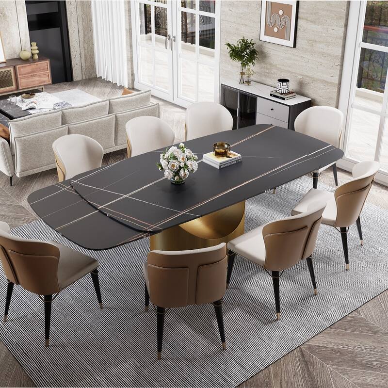 63"-94" Hobart Modern Dining Table with Rectangular Sintered Stone Tabletop and Carbon Steel Leg for 4-10