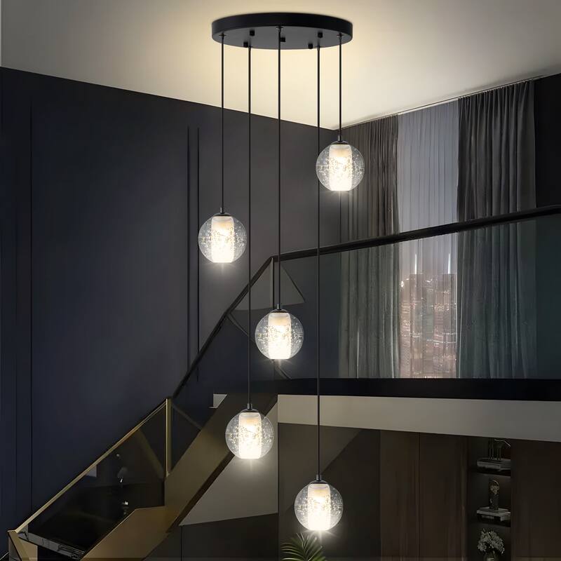 Starsky Modern 5-Light Cluster Globe Glass Chandelier Stair Entryway Cluster Light for High Ceiling - Black - Black