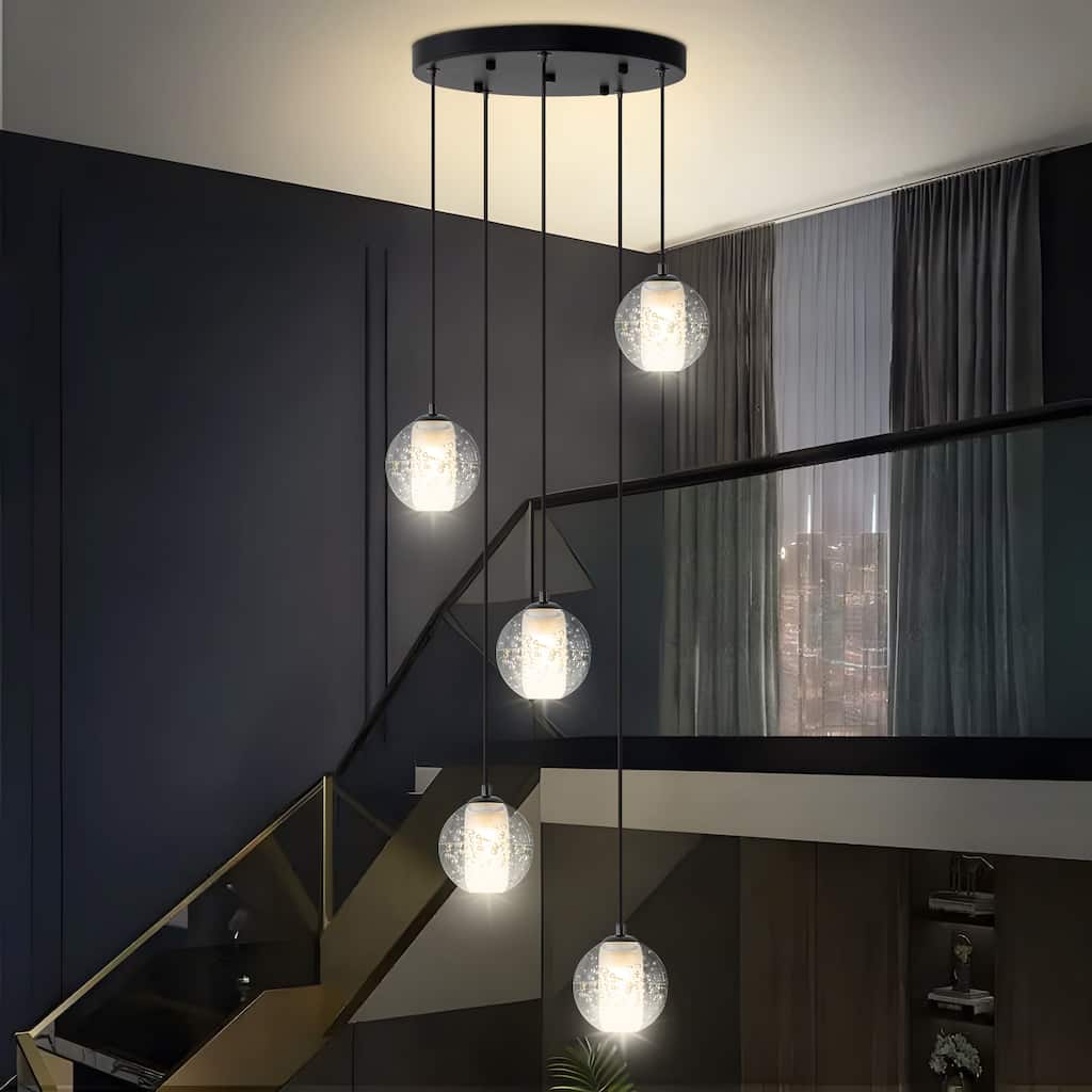 Starsky Modern 5-Light Cluster Globe Glass Chandelier Stair Entryway Cluster Light for High Ceiling - Black