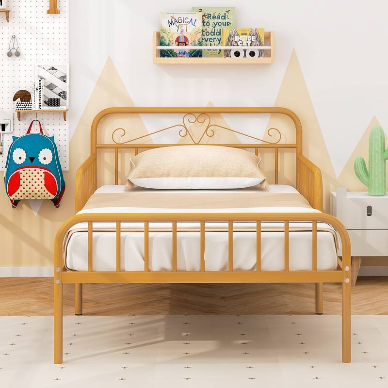 14 Metal Slats Twin Size Bed Frame with Headboard and Safety Side Guardrails