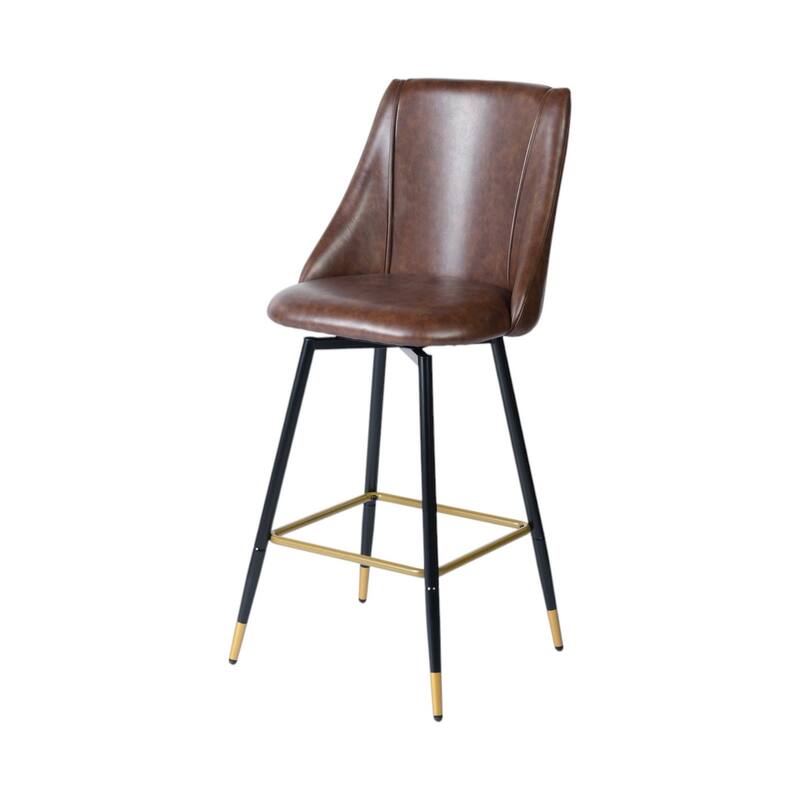 HomeRoots Set of Two 26" Brown and Black and Gold Faux Leather and Metal Counter Height Swivel Bar Chairs