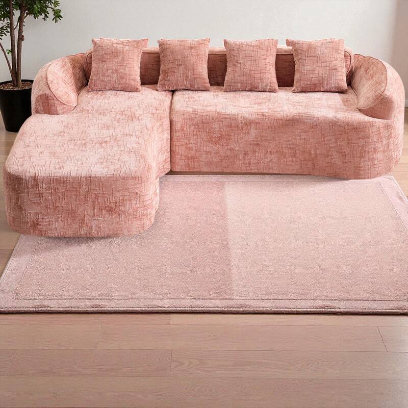 Chenille L-Shaped Compressed Sofa, 4-Seat Sectional Couch with Curved Armrests, High-Elastic Sponge & 4 Throw Pillows