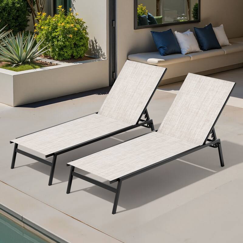 Outdoor Patio Adjustable Chaise Lounge Chairs Stackable Recliner - Beige - 2PC