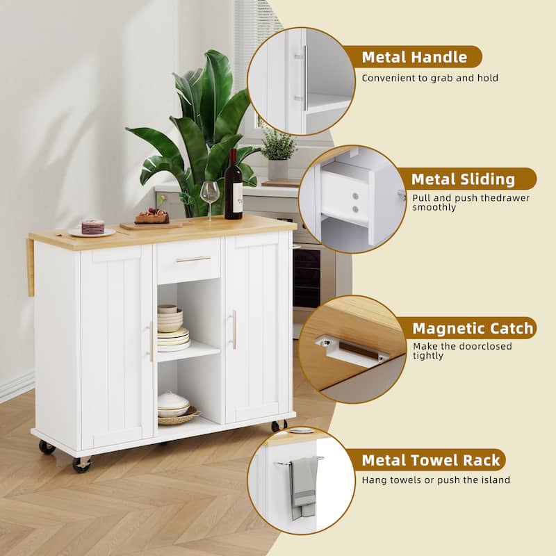 2-Door Kitchen Island with Drawer & Drop Leaf - Mobile Storage Cart on Lockable Wheels for Kitchen, Dining Room, Bar