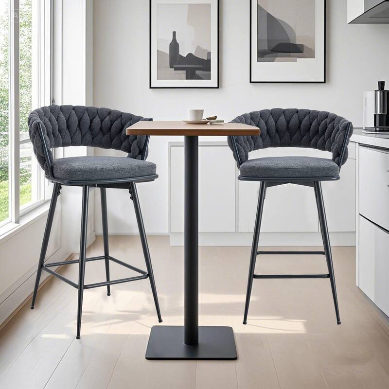 Swivel Bar Stools Set of 2, Modern Barstools with Backs, Upholstered Cotton Linen High Chairs for Island Kitchen