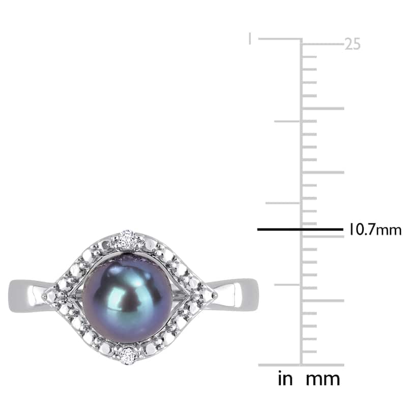 Miadora 7-7.5mm Black Cultured Freshwater Pearl and White Topaz Halo Ring in Sterling Silver