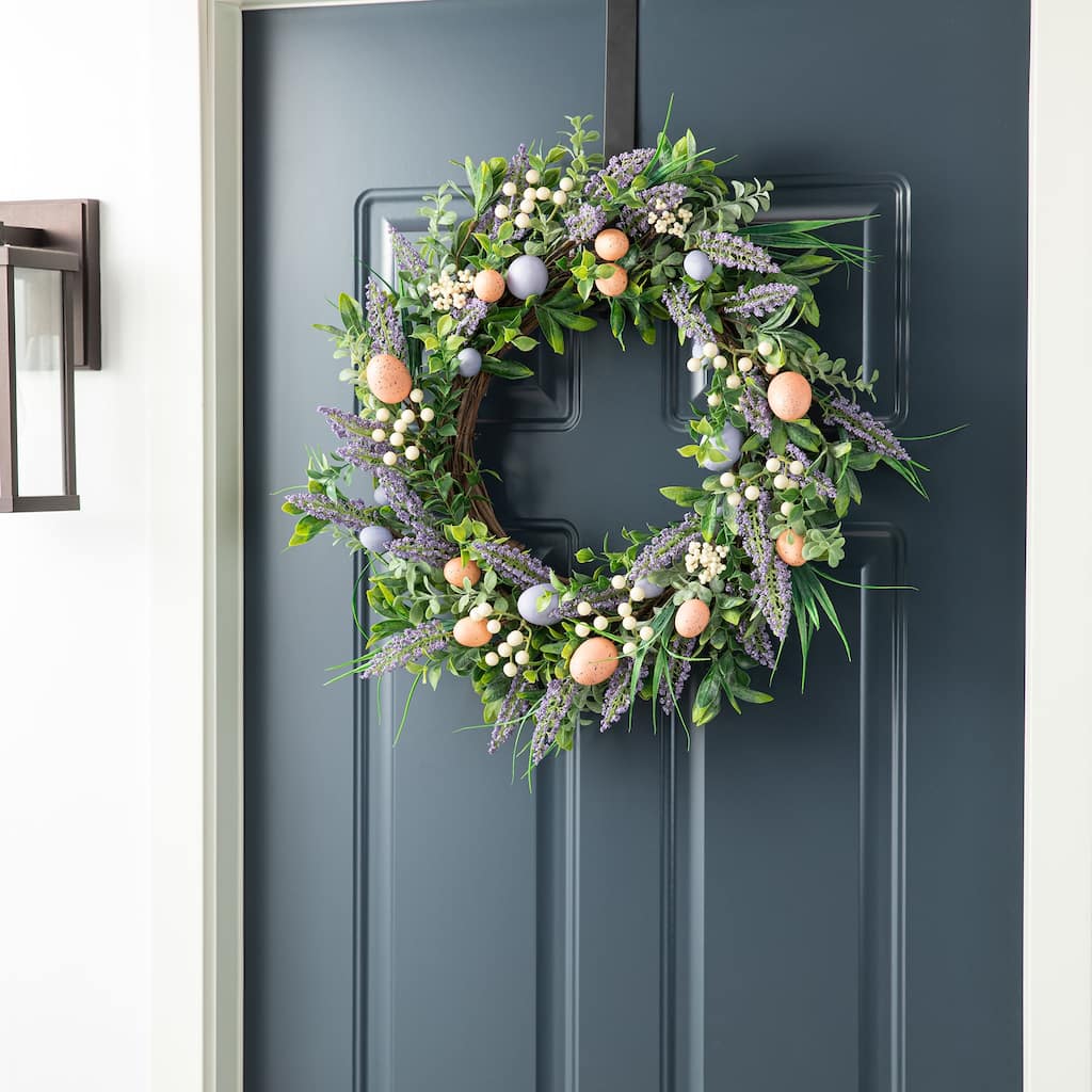 Glitzhome Easter Wreath with Eggs Lavender Bird Nest for Front Door Wall Window Holiday Decoration
