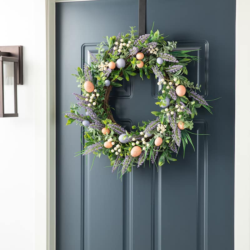 Glitzhome Easter Wreath with Eggs Lavender Bird Nest for Front Door Wall Window Holiday Decoration