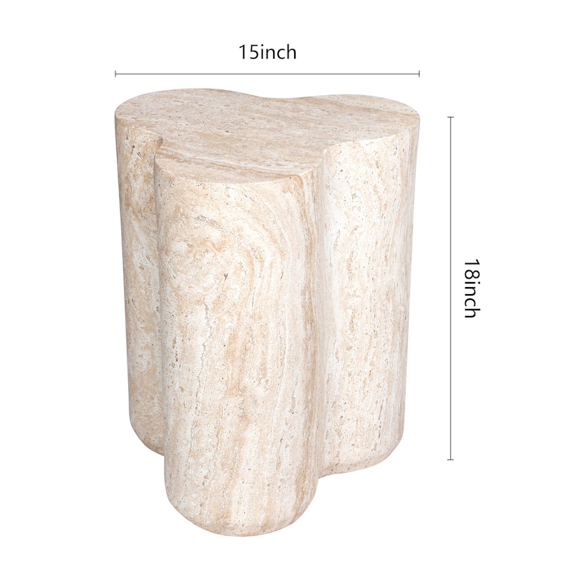 Clover Travertine Stone Finish Italian Design MgO Side Accent Table - 14.4"x13.8"x17.8"