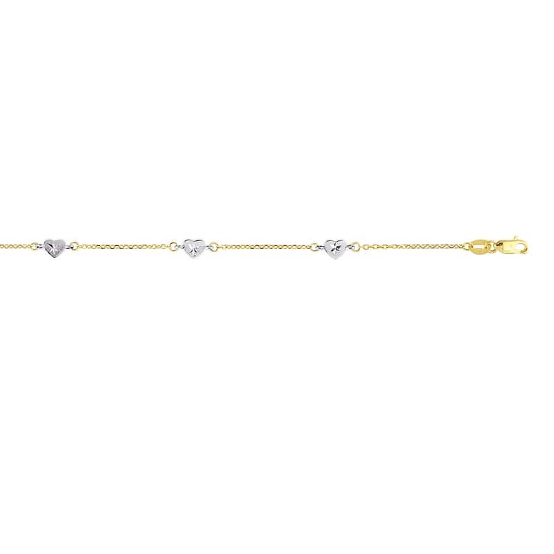 Curata14K Two-tone Gold 10" Heart Station Anklet Lobster Clasp