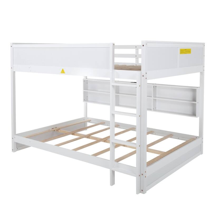 Queen-Size Over Queen-Size Bunk Bed With Integrated Storage Cabinets, USB Charging Ports, Wooden Ladder, Safety Rails .