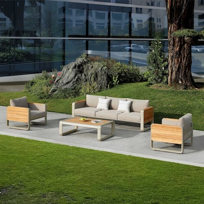HIGOLD - Nottingham 5 Persons Teak Outdoor Patio Conversation Sofa Set, Amber Powder Coating