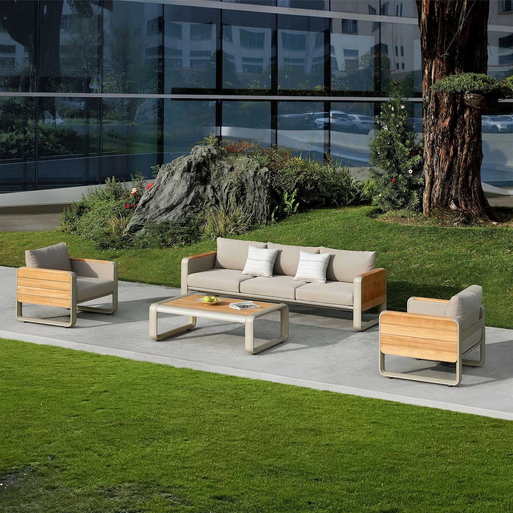 HIGOLD - Nottingham 5 Persons Teak Outdoor Patio Conversation Sofa Set, Amber Powder Coating