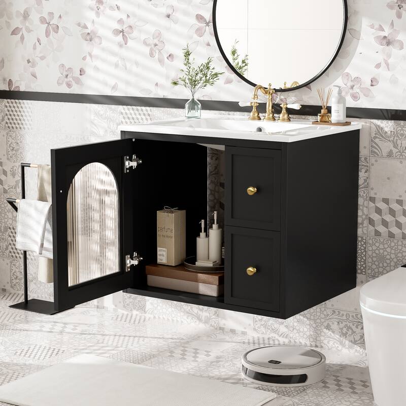 24'' Wall Mounted Bathroom Vanity with White Integrated Ceramic Sink - 24'' x 18'' x 21.75''