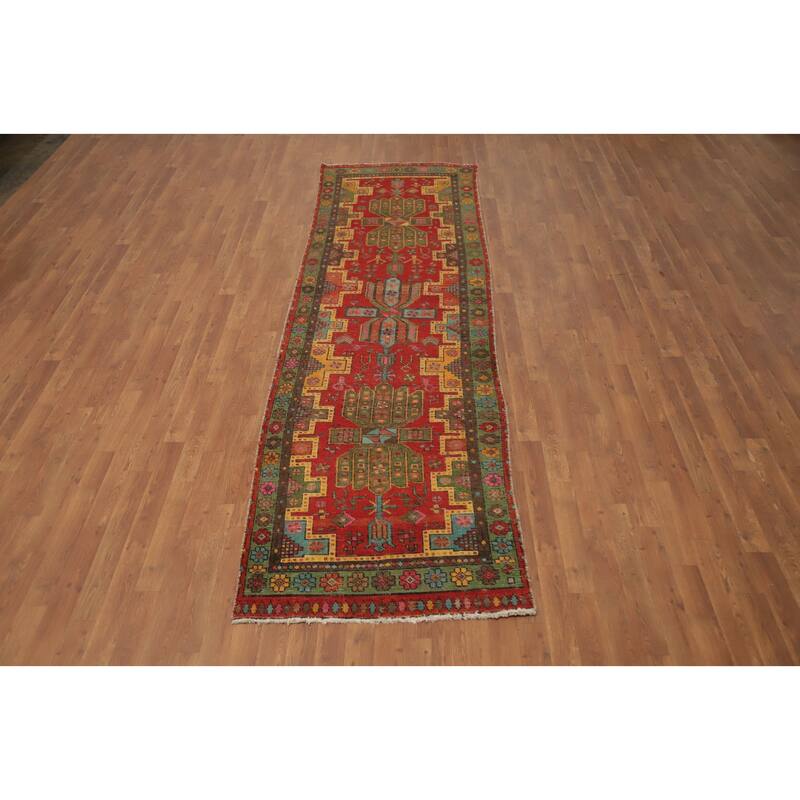 Hand Knotted Oriental 100% Wool Carpet Traditional Geometric Red Tabriz Runner Rug - 10' 7'' X 3' 1''