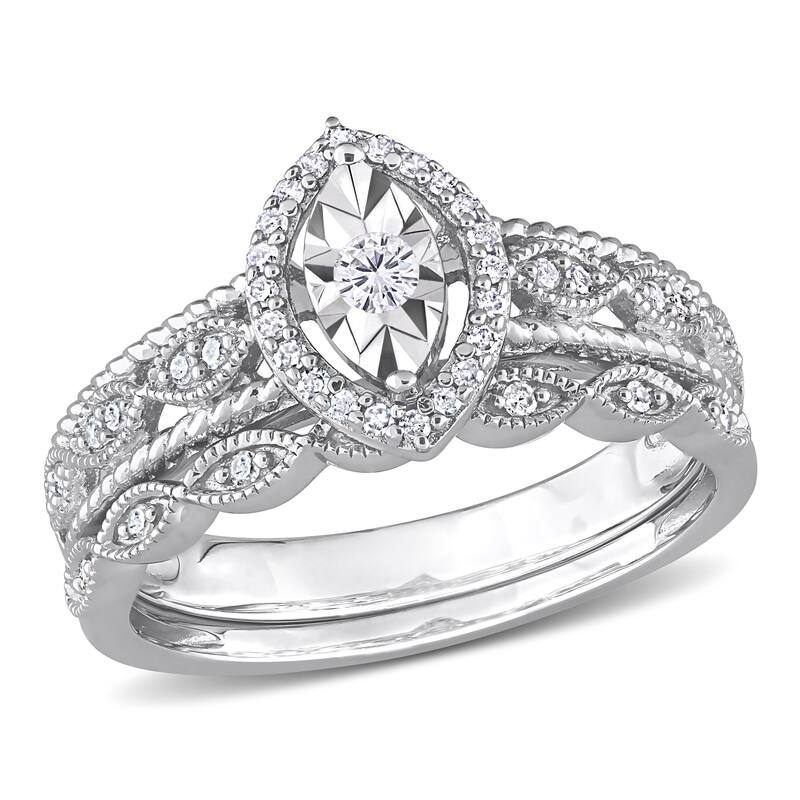 Miadora 1/5ct TDW Diamond Pear Halo Bridal Ring Set in Sterling Silver