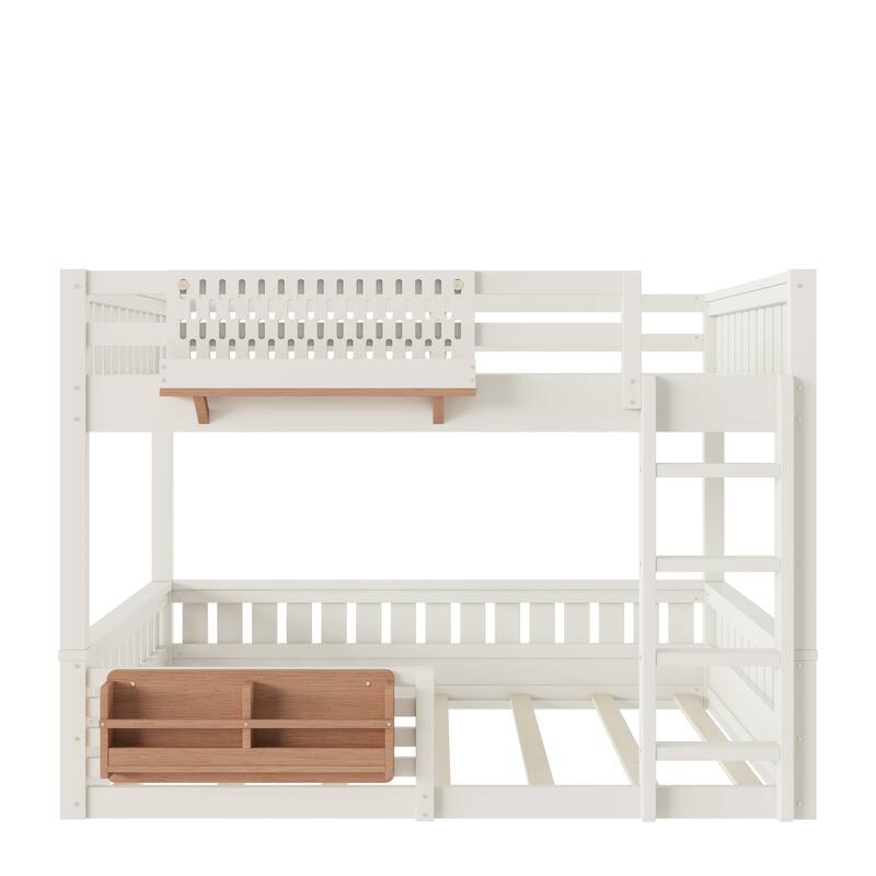 Queen over Queen Bunk Bed with Ladder & Guardrails, Built-in Pegboard and Bookshelf, Sturdy Full Over Full Bunk Bed Frame