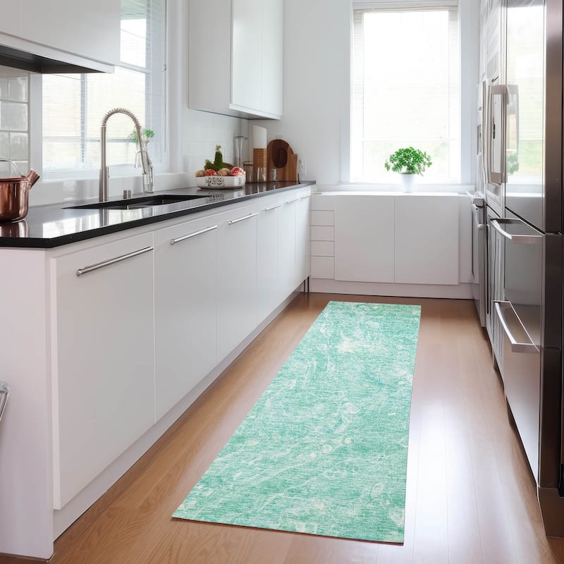 Machine Washable Indoor/ Outdoor Chantille Abstract Watercolor Rug - Teal - 2'3" x 7'6"