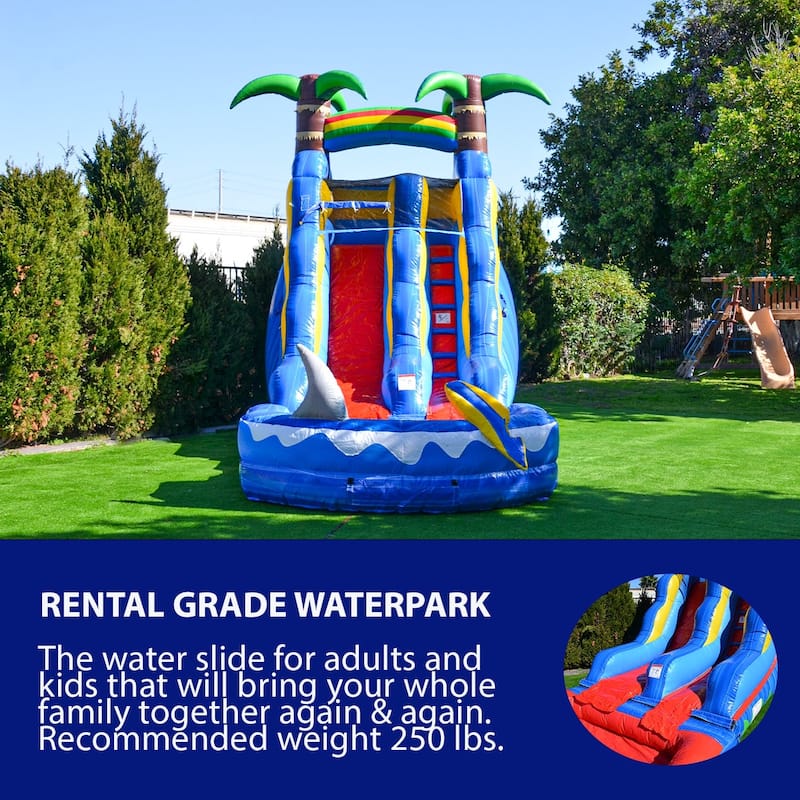 HeroKiddo 15' Ocean Shark Commercial Grade Inflatable Water Slide with Attached Splash Pool (No Blower Included), Outdoor Fun