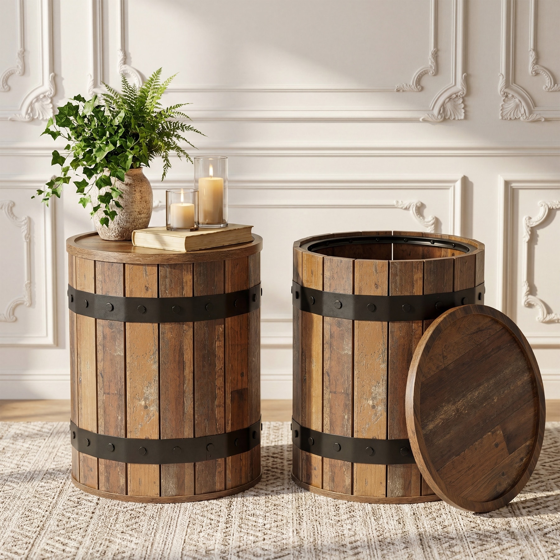 Barrel Nightstand Farmhouse Bedside Table with Storage (Set of 2)