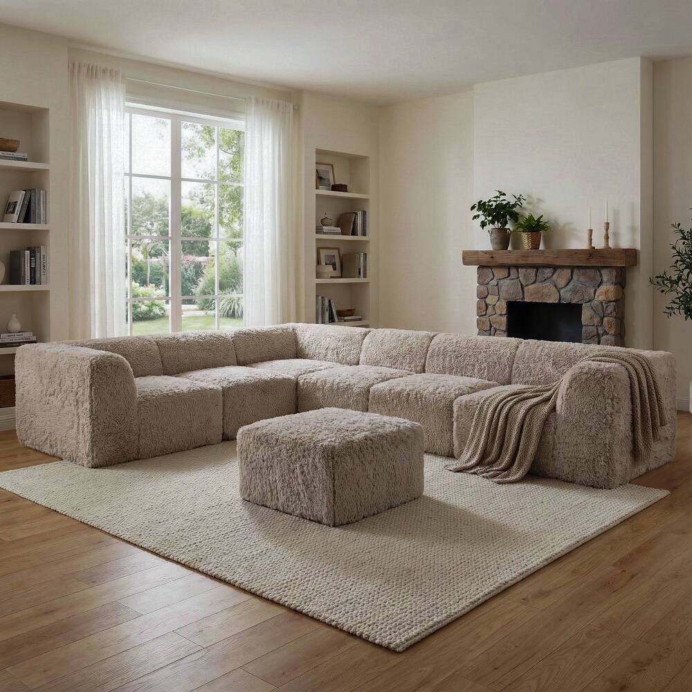Furniture of America Ylena Modern 7-Piece Faux Fur Foam Modular Compressed Sectional Sofa with Ottoman