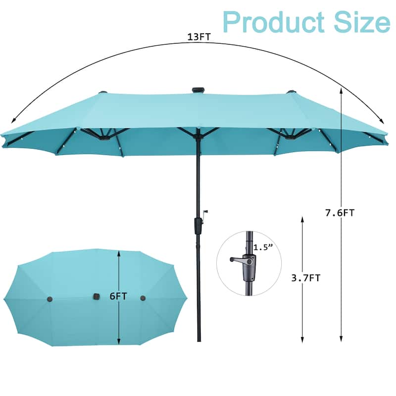 Ainfox 13ft Double-sided Patio Umbrella Solar LED Lighted Outdoor Martet Umbrella with Base
