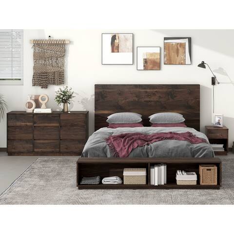 3 Pieces Walnut Bedroom Sets with Platform Bed, Nightstand and 9-Drawer Dresser
