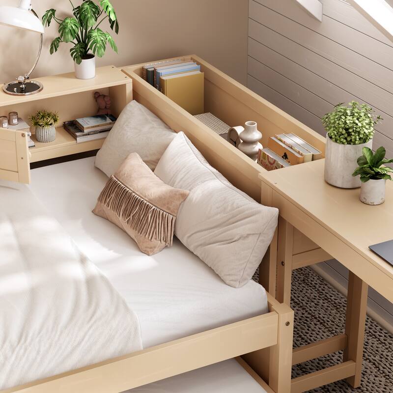 Full/Twin Daybed with Trundle & Storage Drawers - Wood Frame with Side Shelves and Desk