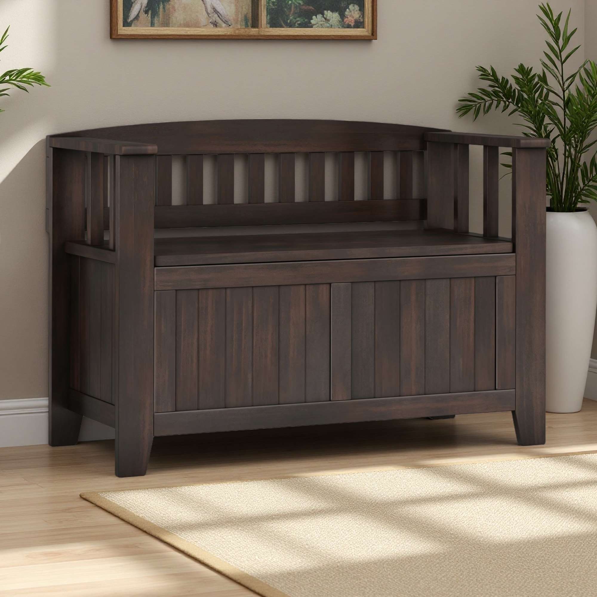 36"L Solid Wood Entryway Storage Bench, Lift-Up Lid, Two Compartments, Slatted Back