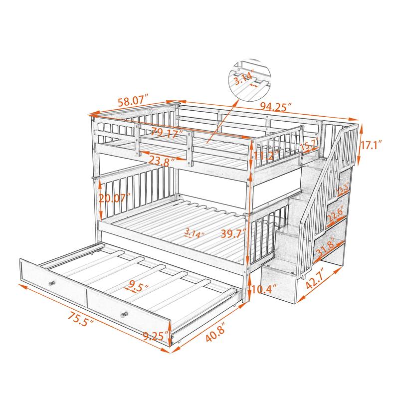 Full-Over-Full Bunk Bed with Twin Trundle, Storage, Guard Rail, White