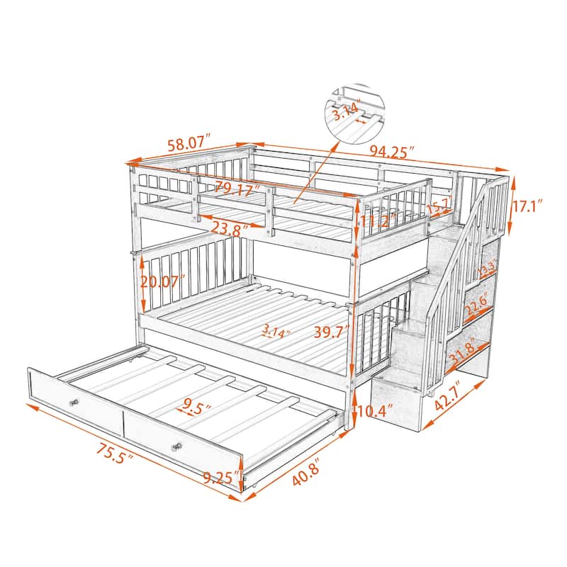 Stairway Full-Over-Full Bunk Bed with Twin size Trundle, Storage and Guard Rail for Bedroom, Dorm - White